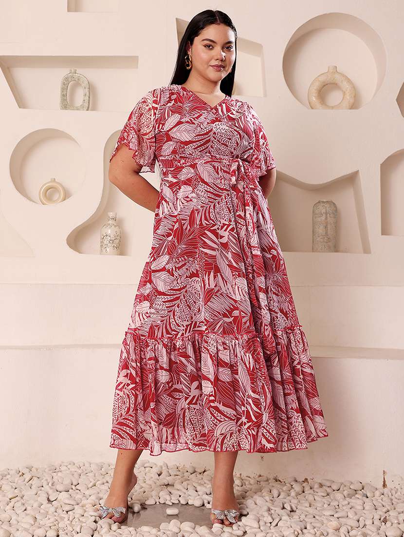 women plus size printed flared sleeve tiered dress