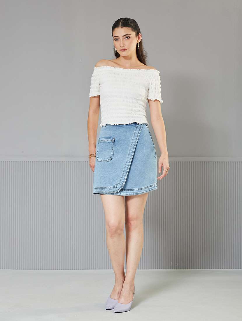 women solid high rise denim wrap skirt