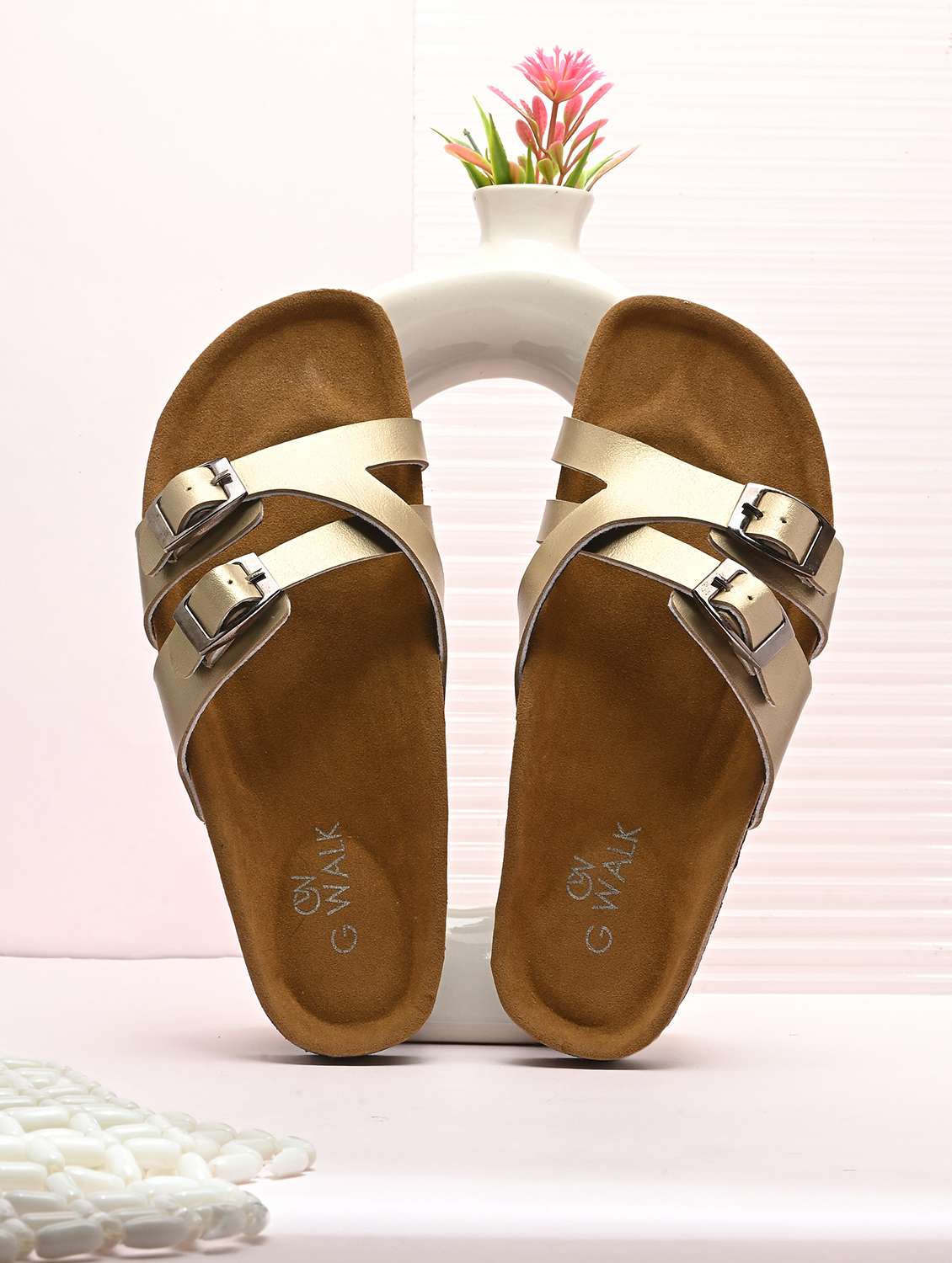 women gold slip on sandal
