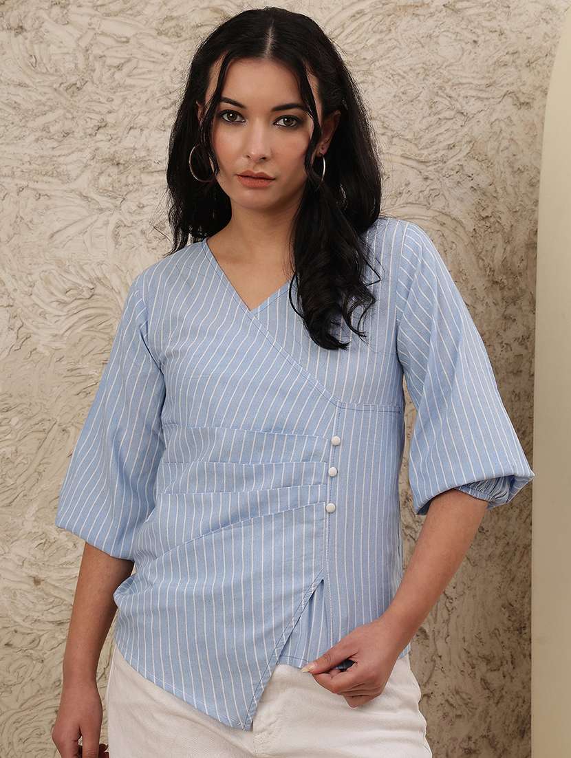 women striped three quarter sleeve asymmetric top