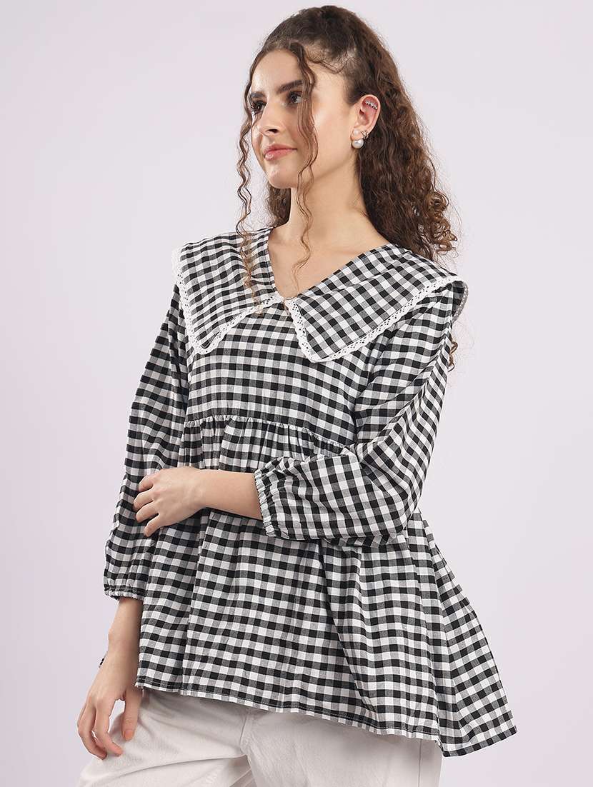 women checkered puff sleeve flared top - 22364412 -  Standard Image - 2