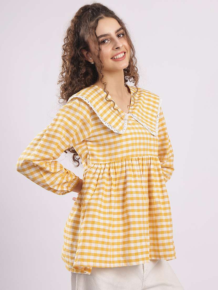 women checkered puff sleeve flared top - 22364414 -  Standard Image - 2