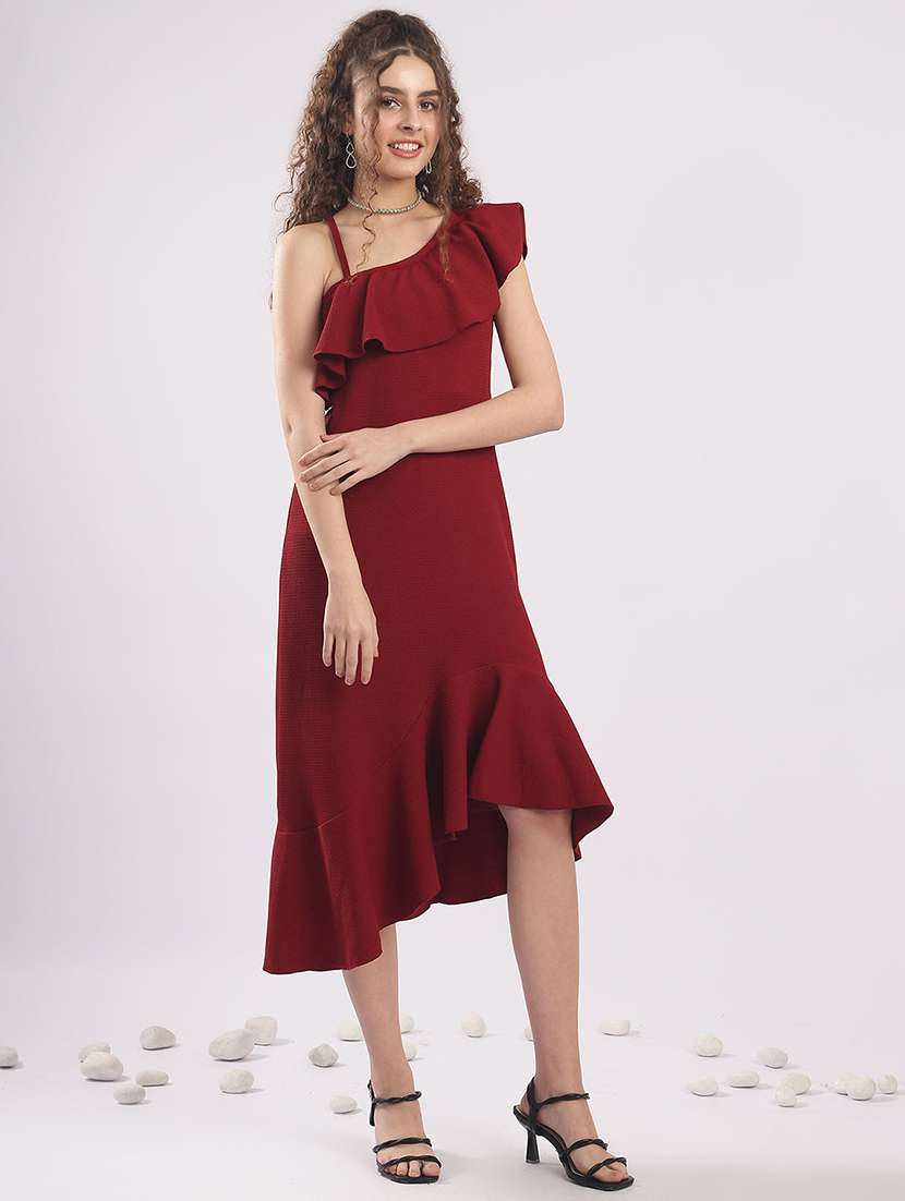 women solid single shoulder tiered dress - 22364445 -  Standard Image - 2