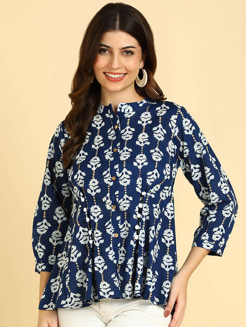 women printed mandarin collar top - 22364510 -  Standard Image - 2