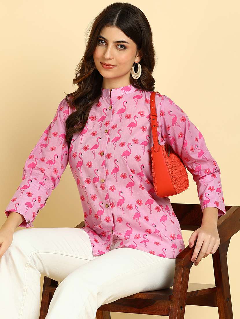 women printed mandarin collar top