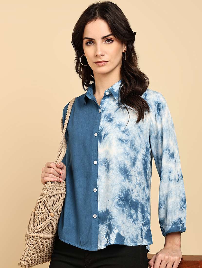 women tie & dye collared long sleeve shirt