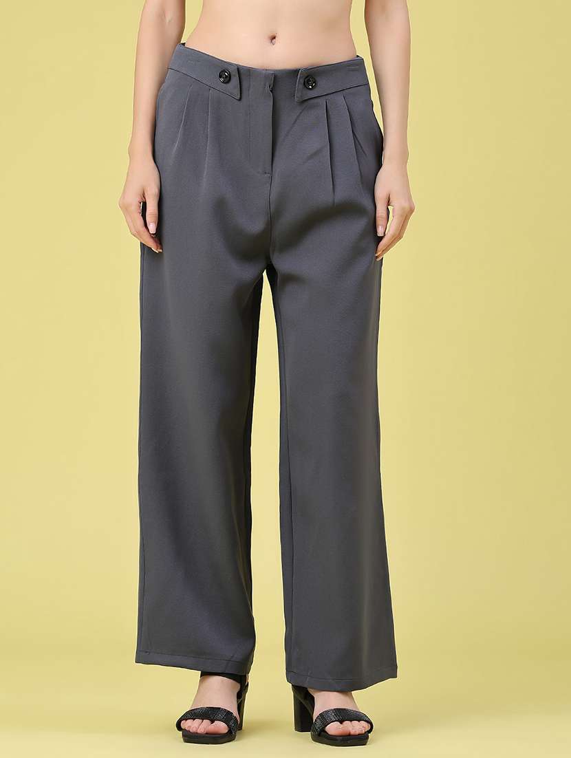 women solid mid rise pleated palazzo