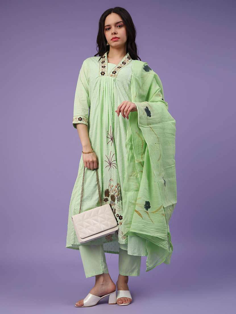 green cotton blend kurta dupatta  set