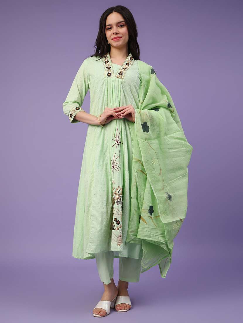 green cotton blend kurta dupatta  set - 22368301 -  Standard Image - 2