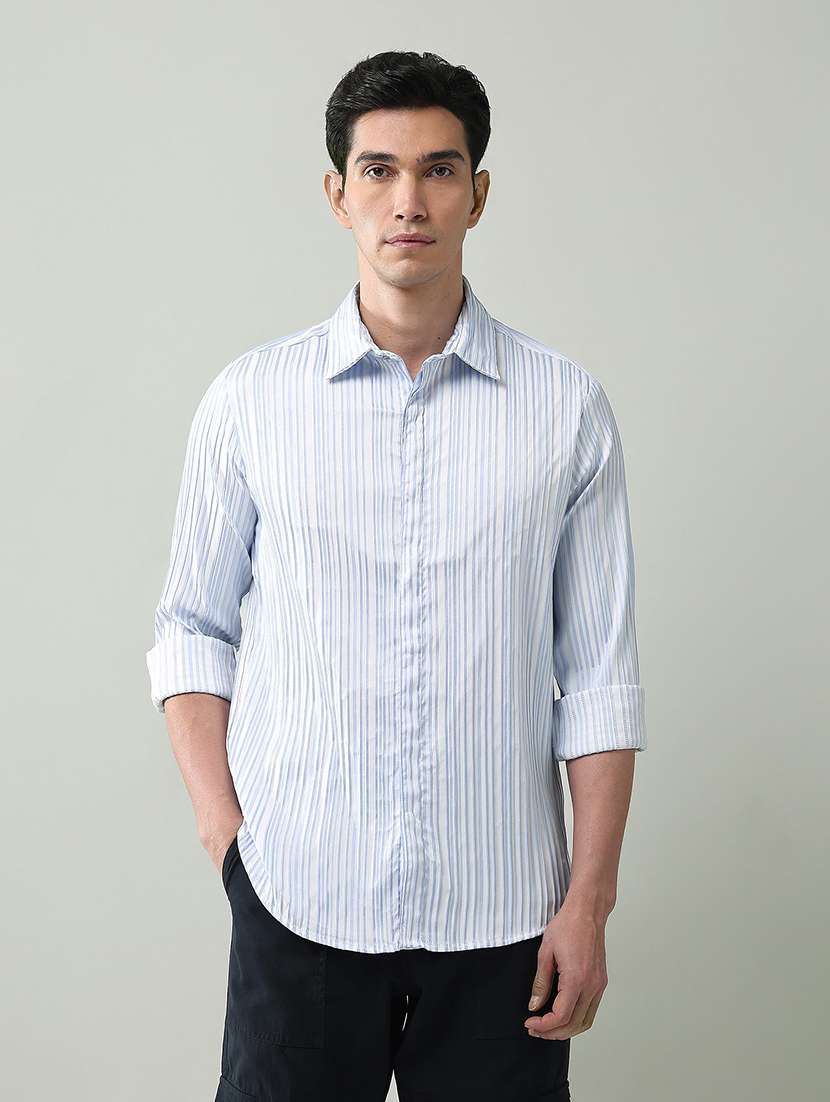 men striped collared long sleeve shirt