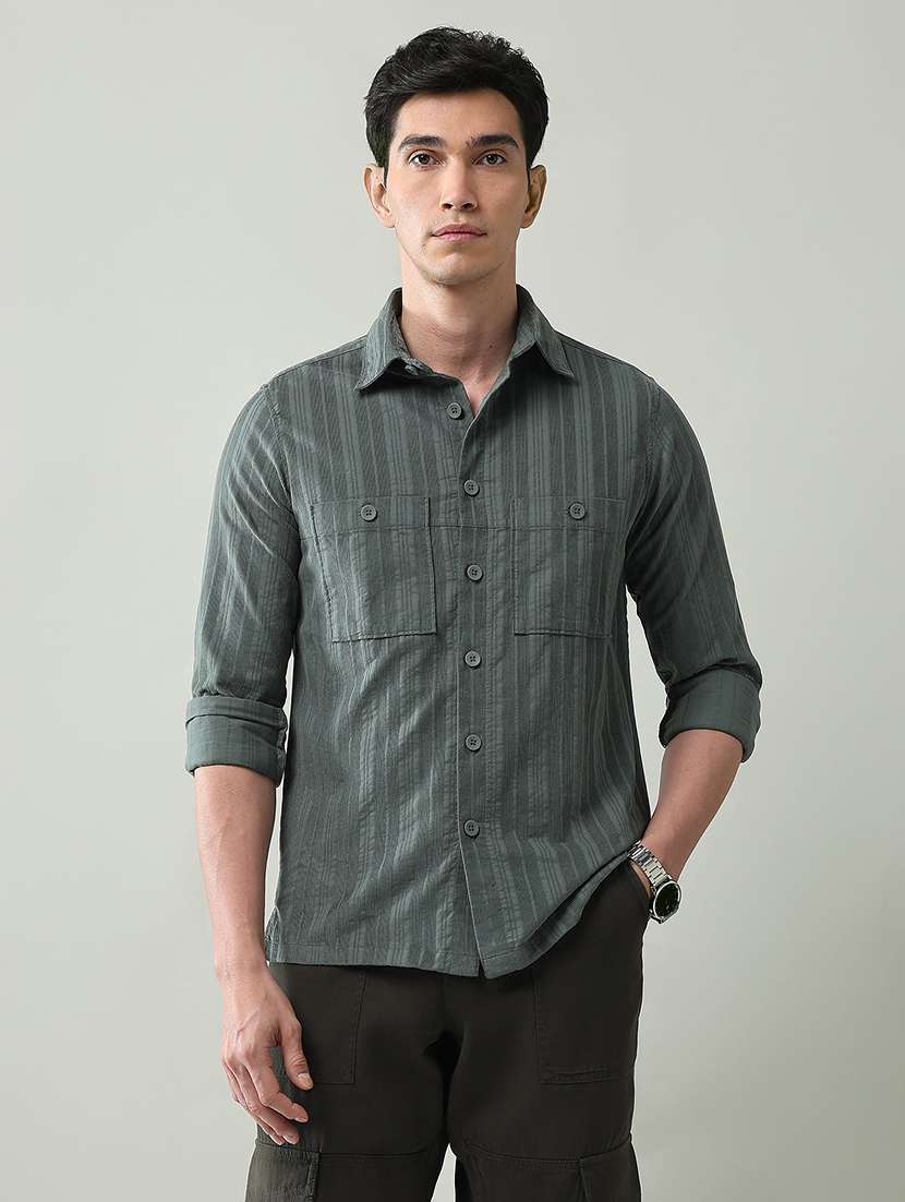 men striped collared long sleeve shirt