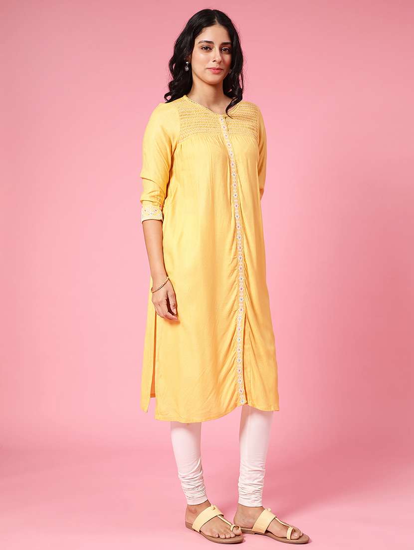yellow cotton straight kurta - 22370913 -  Standard Image - 2