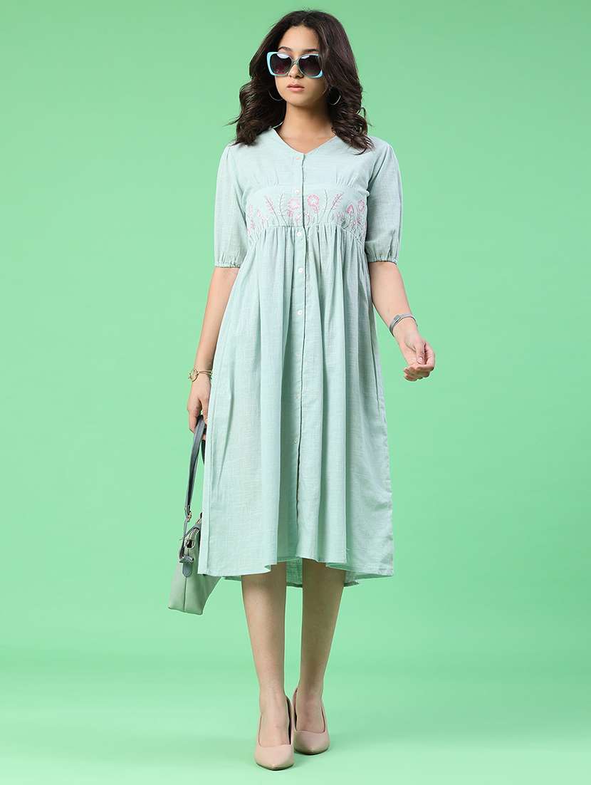women embroidered v neck a-line dress