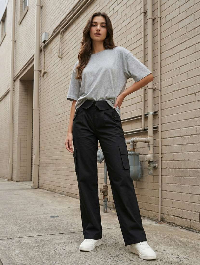 Women Solid High Rise Cargo - 22373296 -  Standard Image - 2