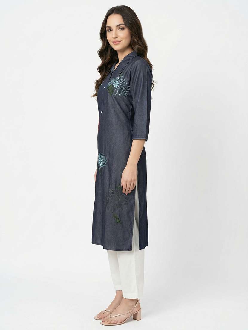women solid with work three quarter sleeve straight kurta - 22373338 -  Standard Image - 2