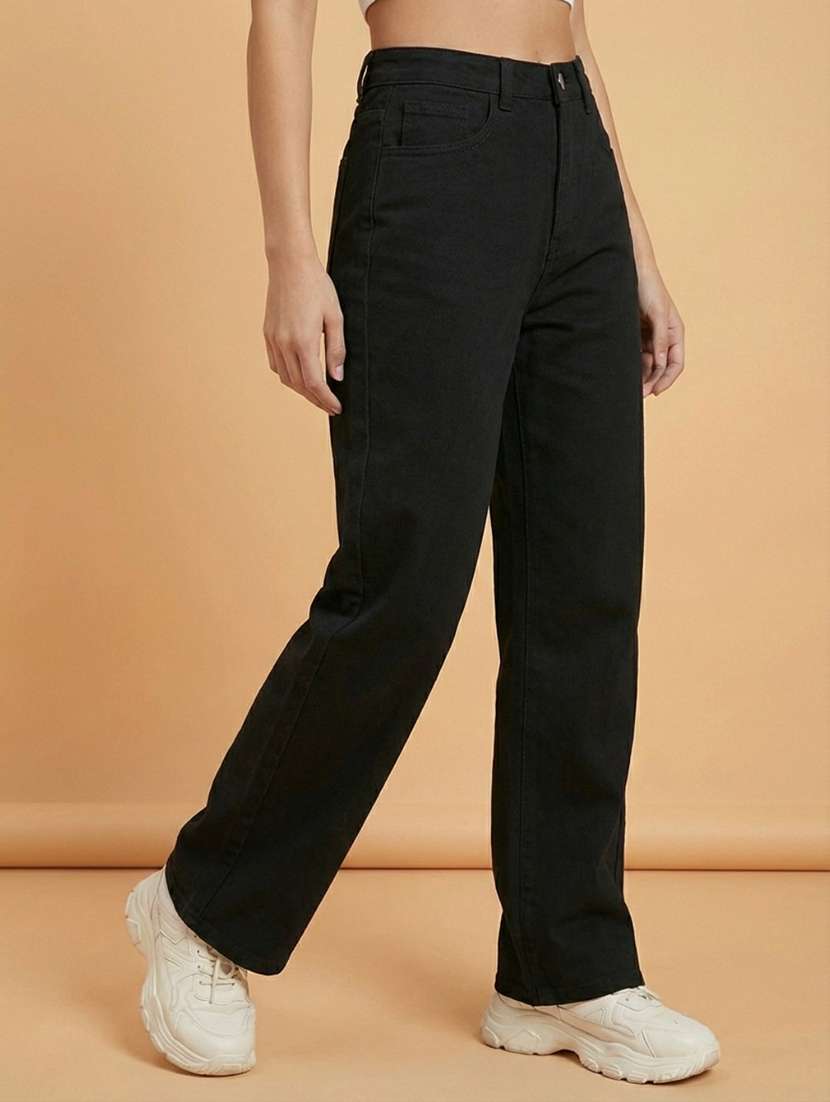 women solid high rise straight jeans