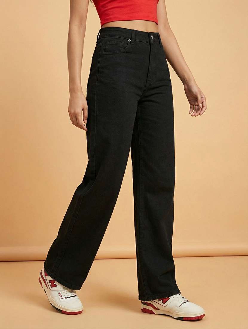 women solid high rise straight jeans