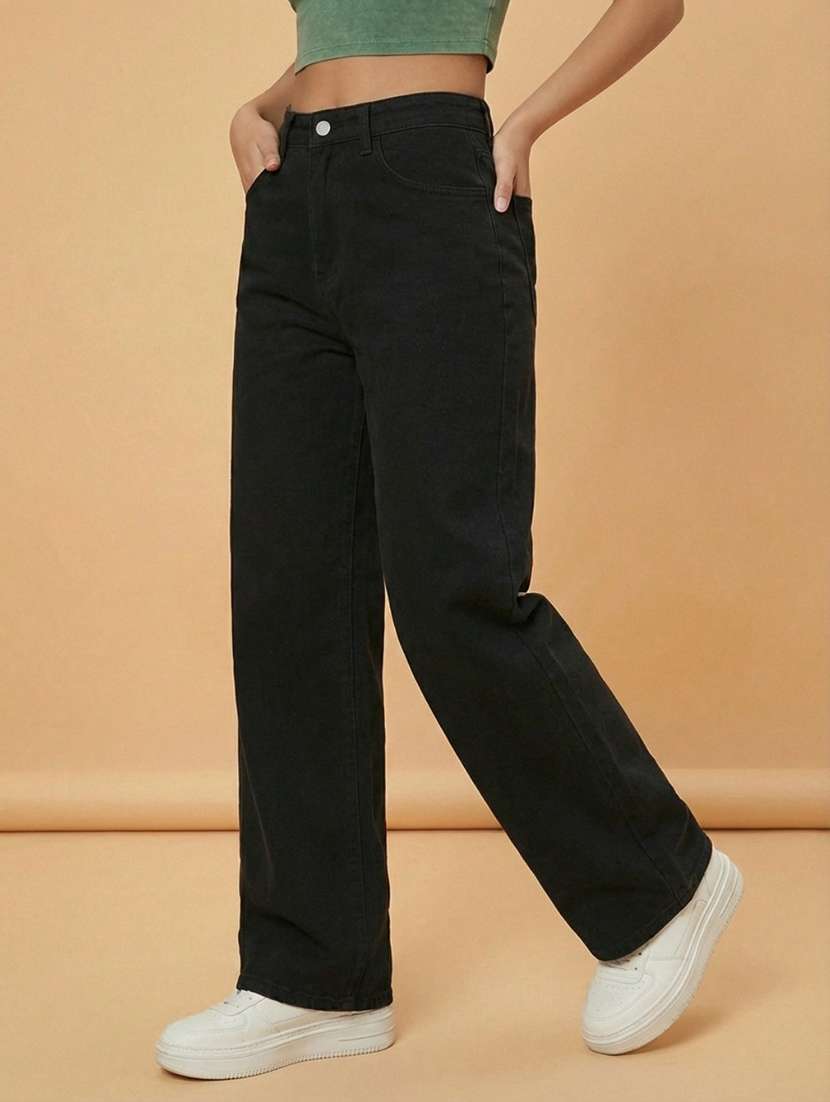 women solid high rise straight jeans