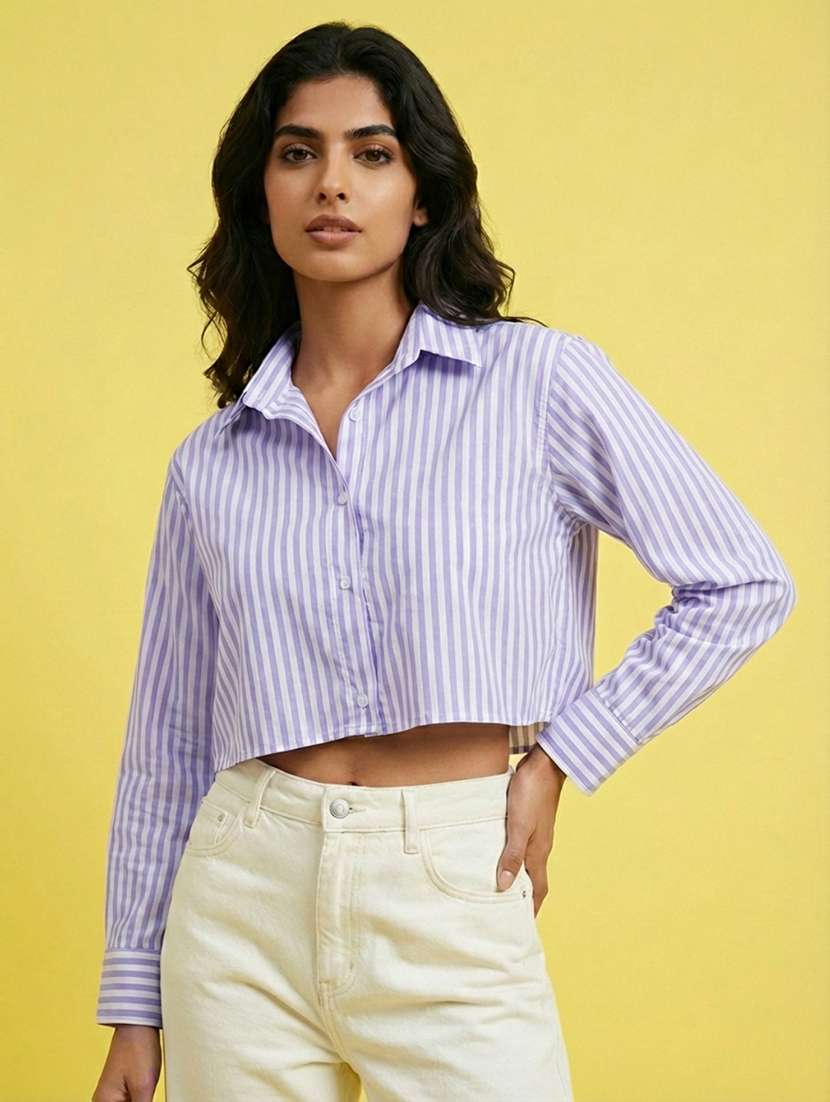 women striped collared long sleeve crop shirt