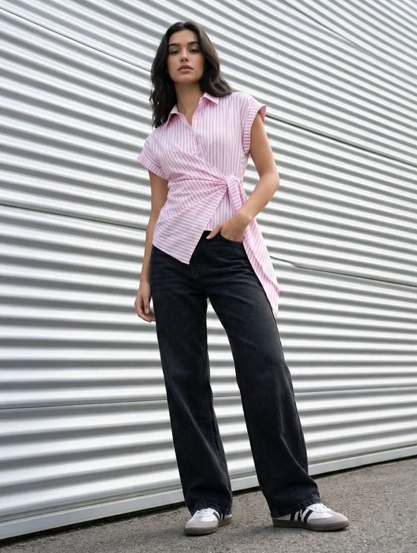 women solid collared short sleeve wrap shirt - 22373350 -  Standard Image - 2