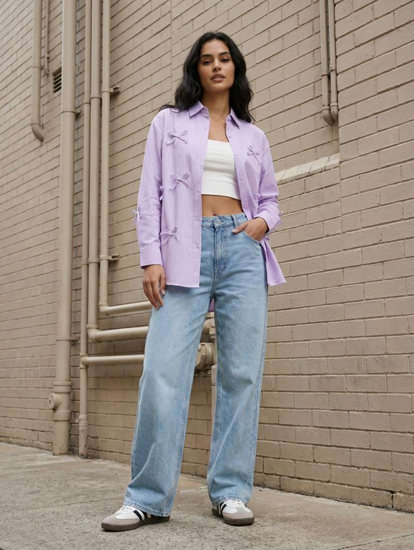 women striped collared long sleeve oversized shirt - 22373354 -  Standard Image - 2