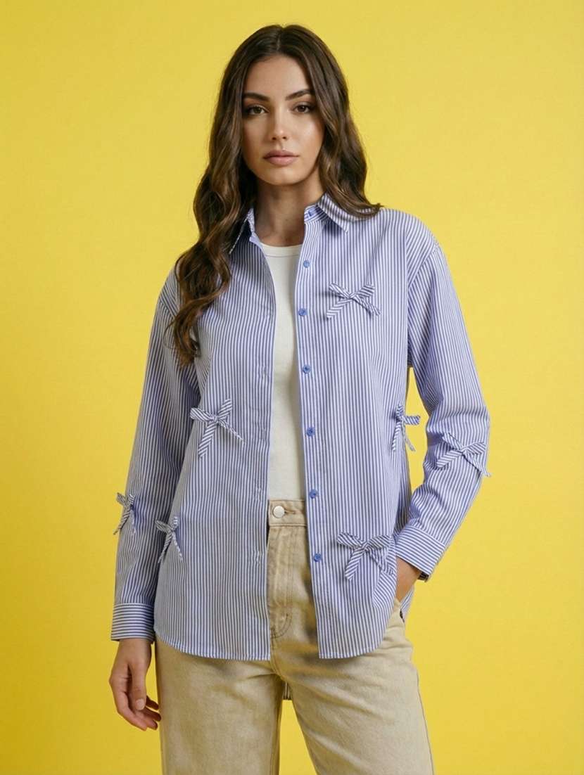 women striped collared long sleeve oversized shirt