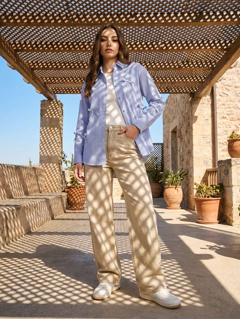 women striped collared long sleeve oversized shirt - 22373356 -  Standard Image - 2