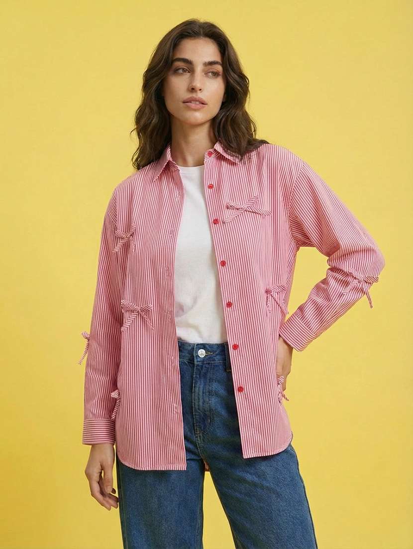 women striped collared long sleeve oversized shirt