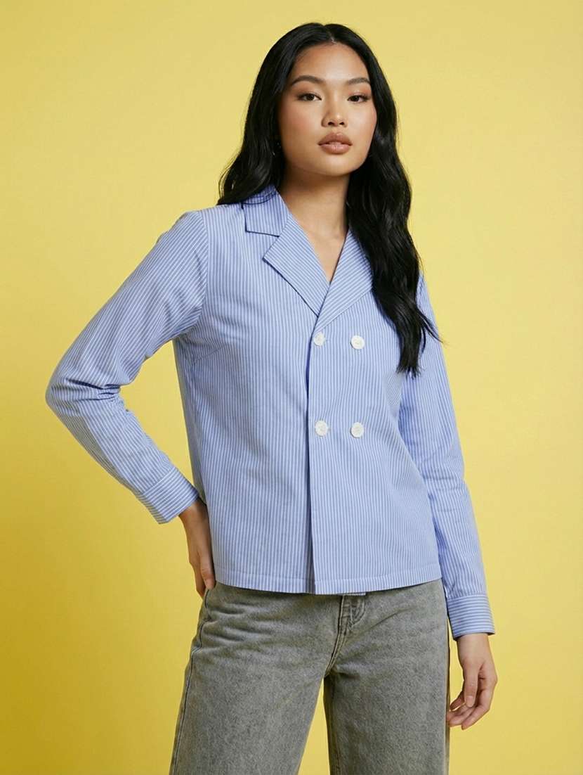 women striped lapel collar long sleeve shirt