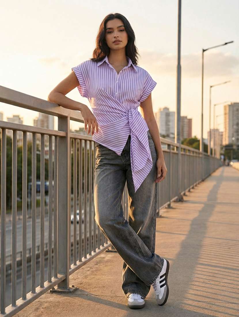 women striped collared short sleeve wrap shirt - 22373370 -  Standard Image - 2