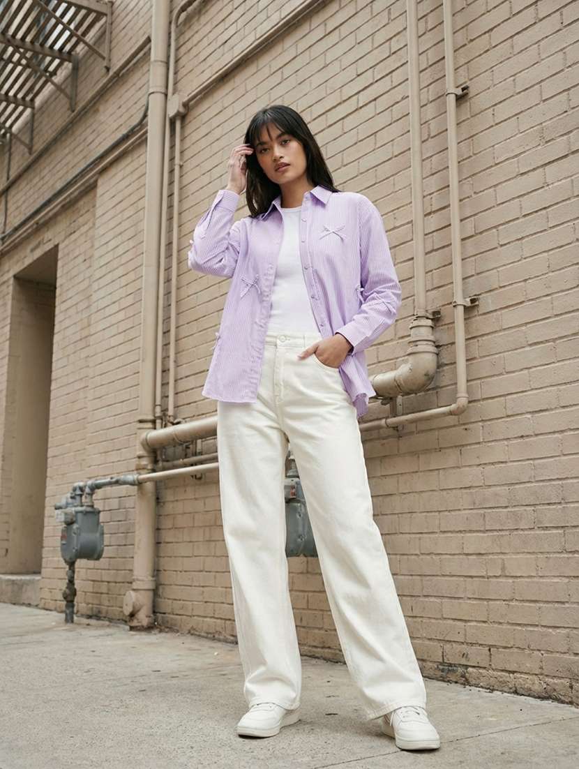 women striped collaerd long sleeve oversized shirt - 22373372 -  Standard Image - 2