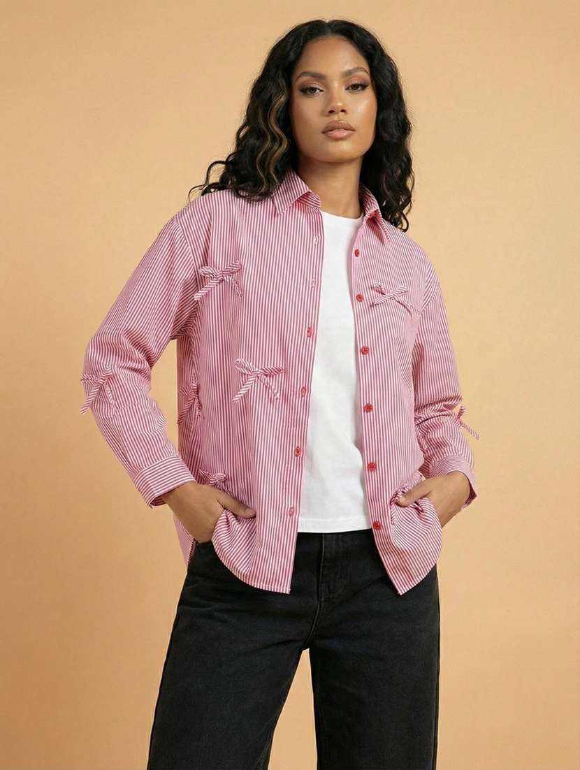 women striped collaerd long sleeve oversized shirt