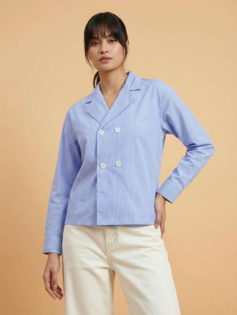 women striped lapel neck long sleeve long shirt