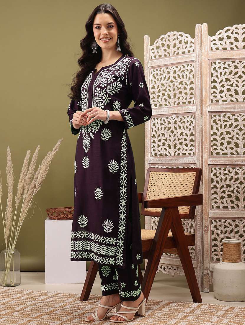 women solid with work three quarter sleeve kurta pant set - 22373410 -  Standard Image - 2