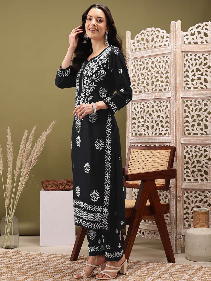 women solid with work three quarter sleeve kurta pant set - 22373411 -  Standard Image - 2