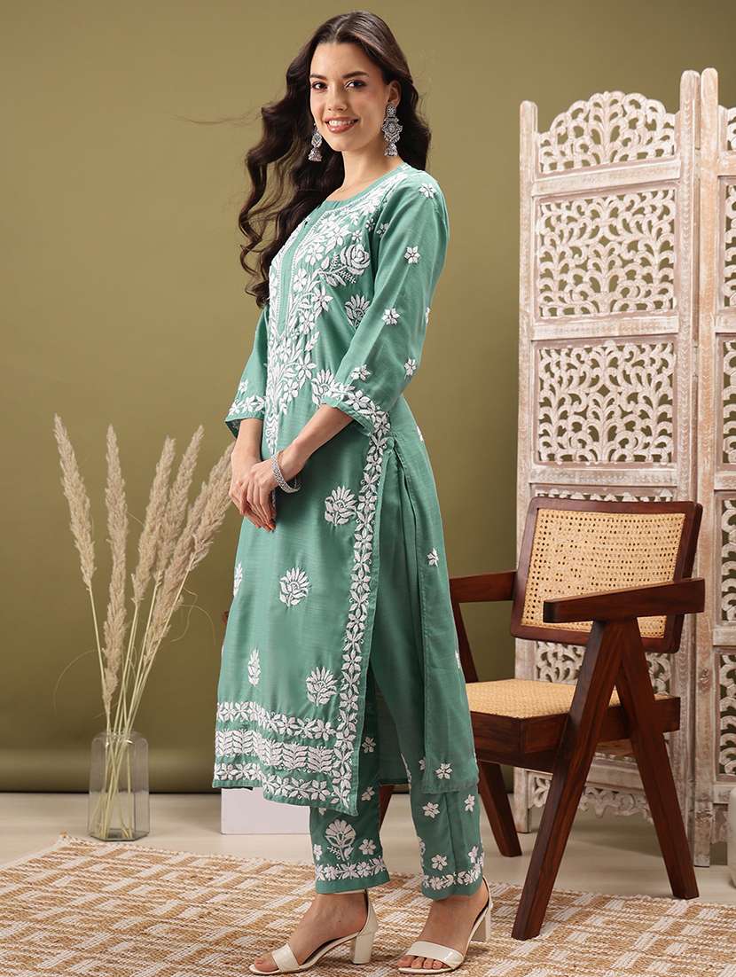 women solid with work three quarter sleeve kurta pant set - 22373412 -  Standard Image - 2