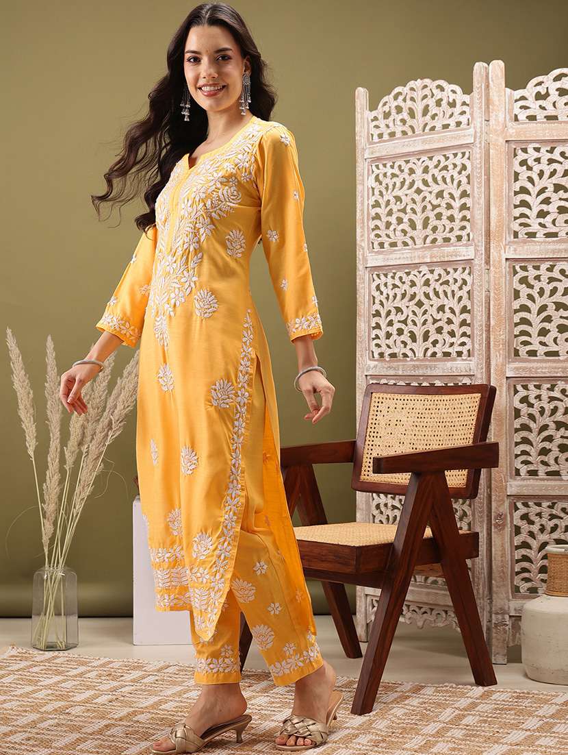 women solid with work three quarter sleeve kurta pant set - 22373413 -  Standard Image - 2