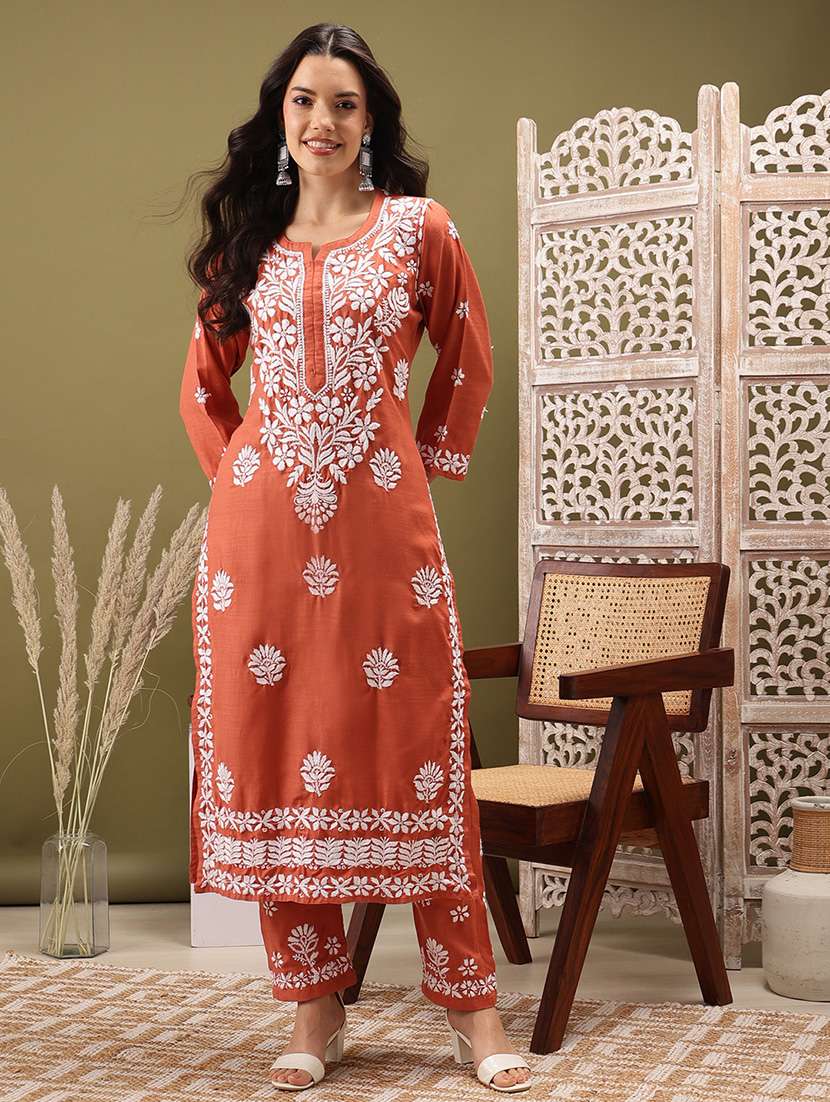 Women Solid With Work Three Quarter Sleeve Kurta Pant Set - 22373415 -  Standard Image - 2