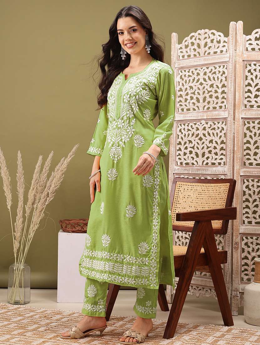 women solid with work three quarter sleeve kurta pant set - 22373416 -  Standard Image - 2