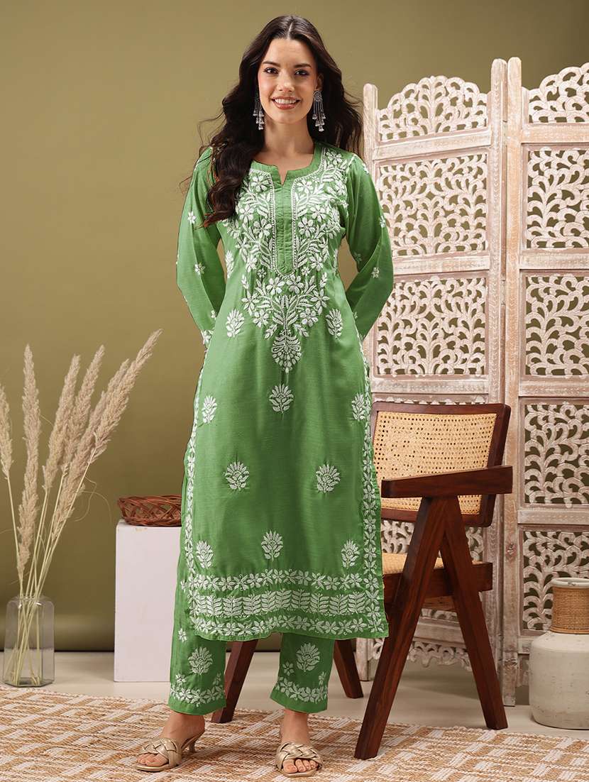 Women Solid With Work Three Quarter Sleeve Kurta Pant Set - 22373419 -  Standard Image - 2