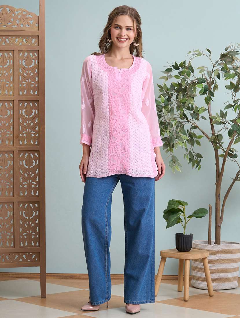 women chikankari long sleeve straight kurti - 22373549 -  Standard Image - 2