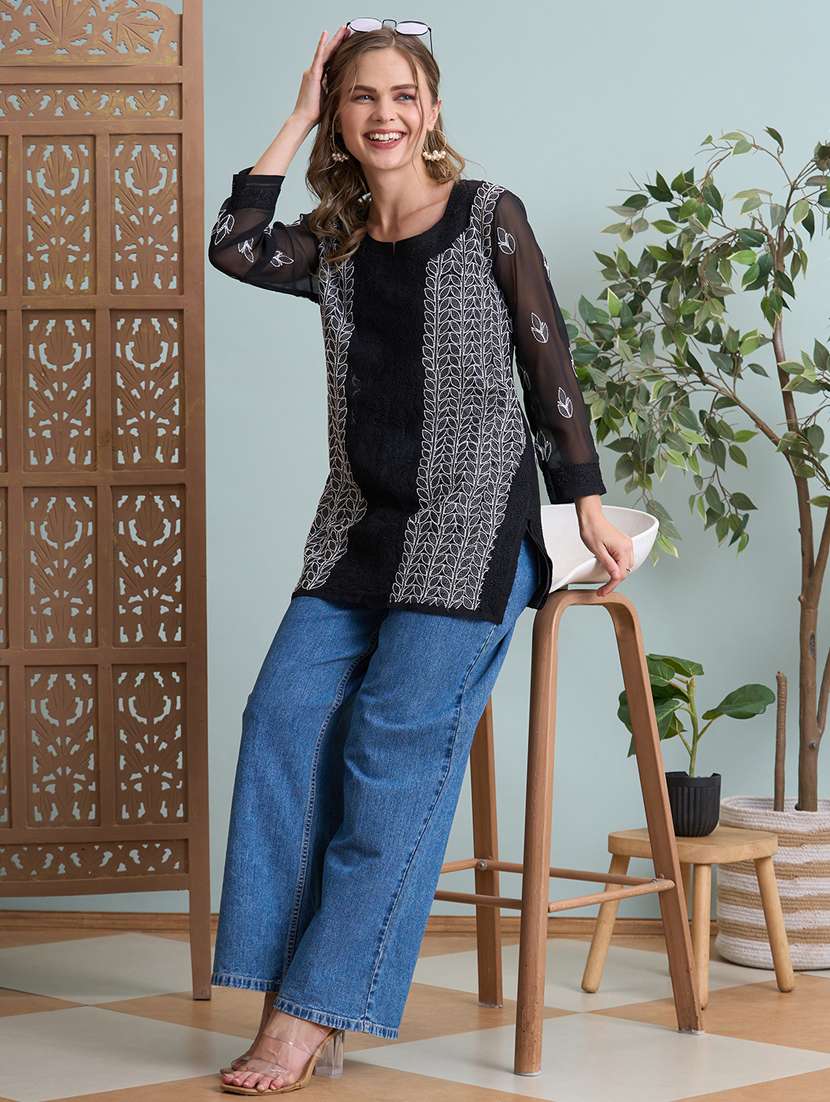 women chikankari long sleeve straight kurti - 22373550 -  Standard Image - 2