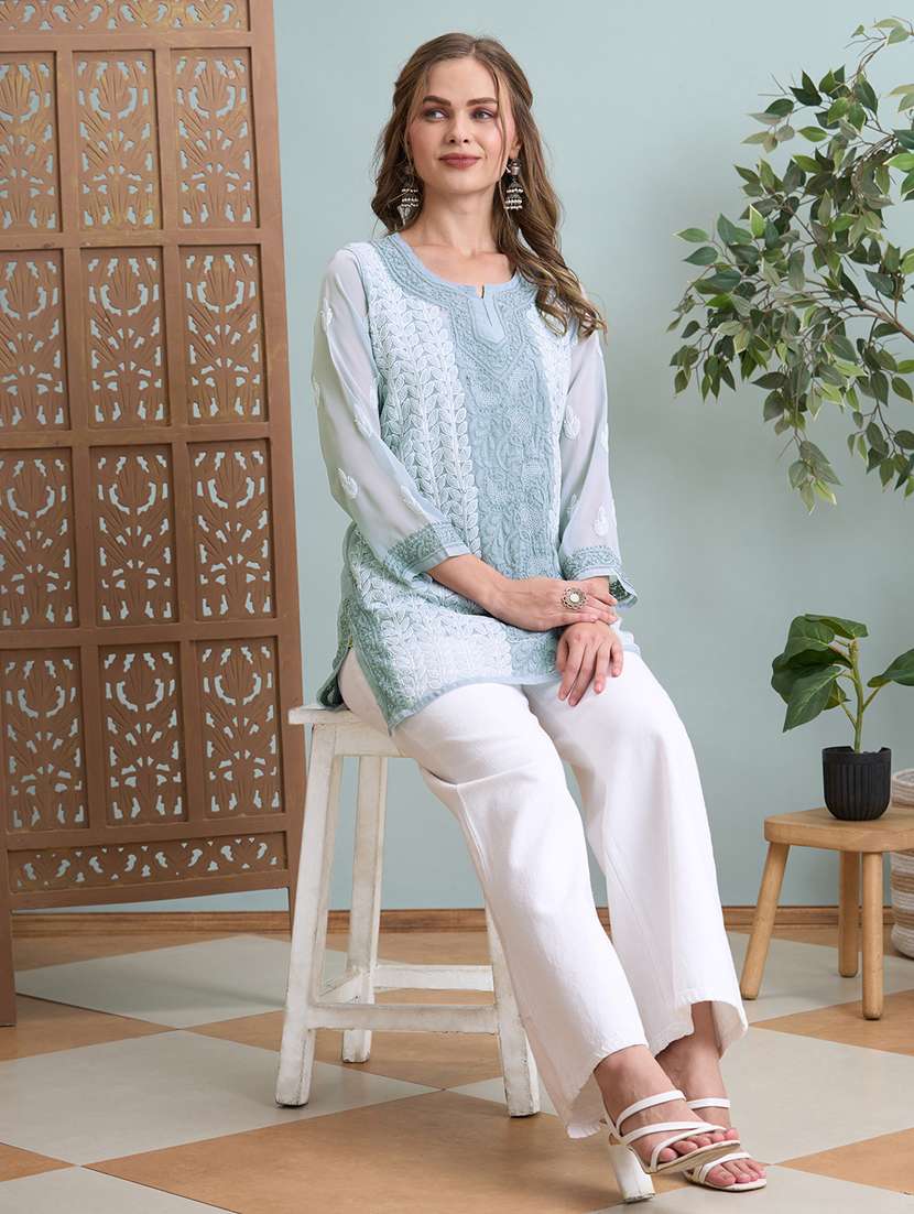 women chikankari long sleeve straight kurti - 22373551 -  Standard Image - 2