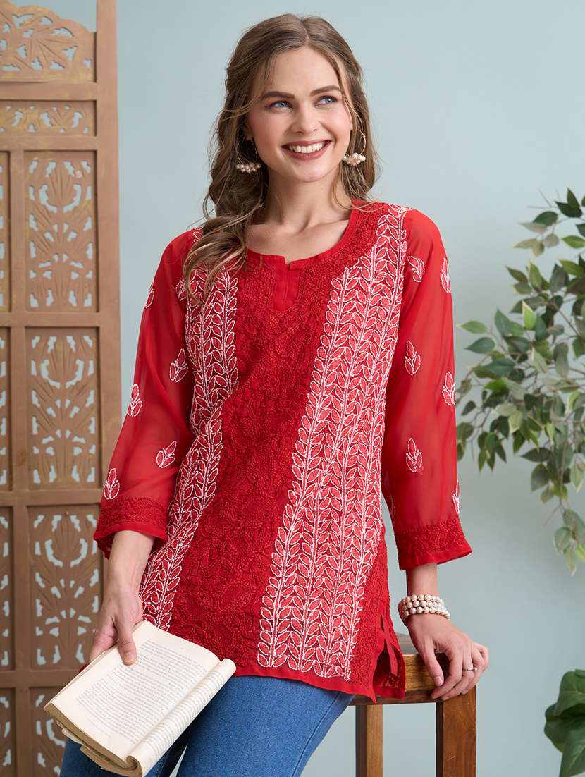 women chikankari long sleeve straight kurti - 22373554 -  Standard Image - 2