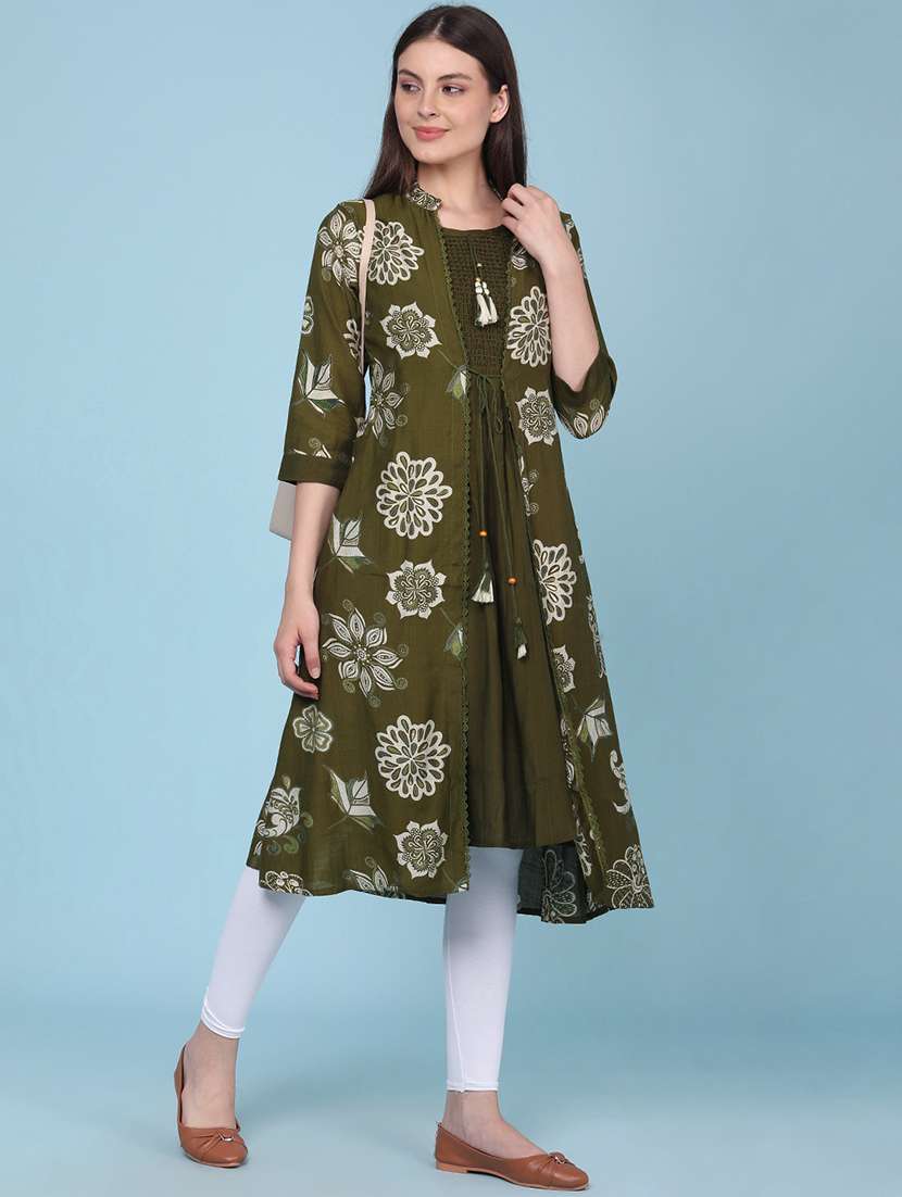 women printed three quarter sleeves layered kurta