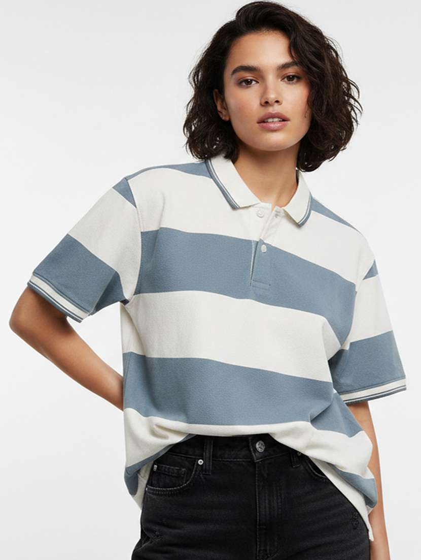women striped short sleeve oversized polo t-shirt