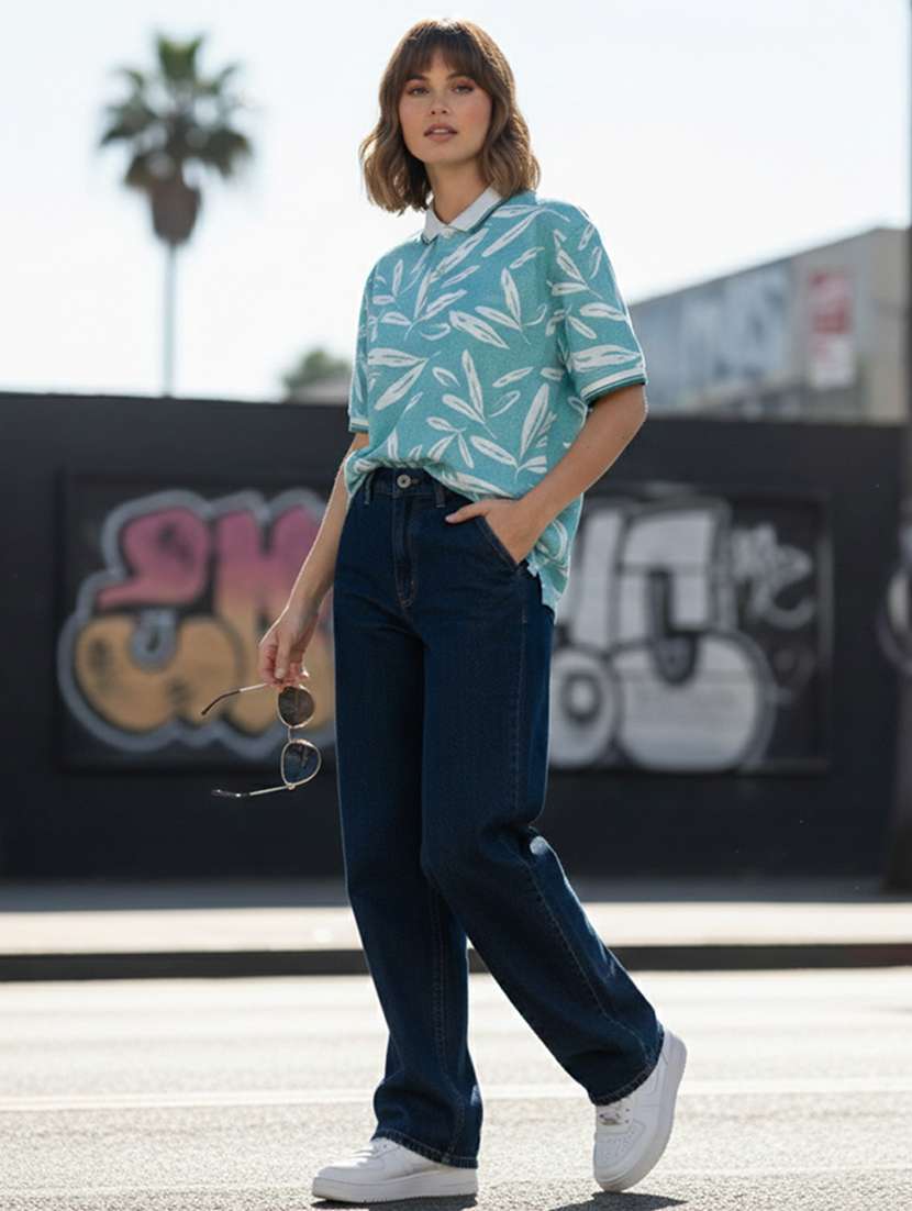 women printed short sleeve oversized polo t-shirt