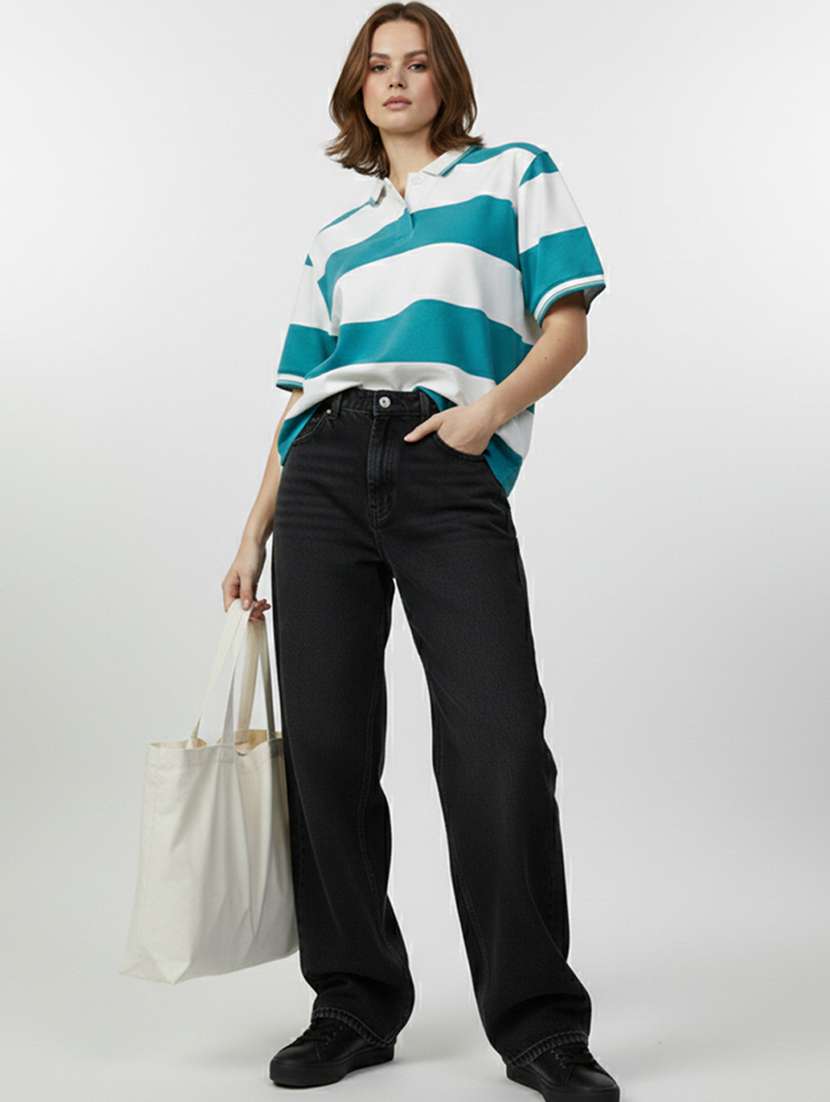 women striped short sleeve oversized polo t-shirt