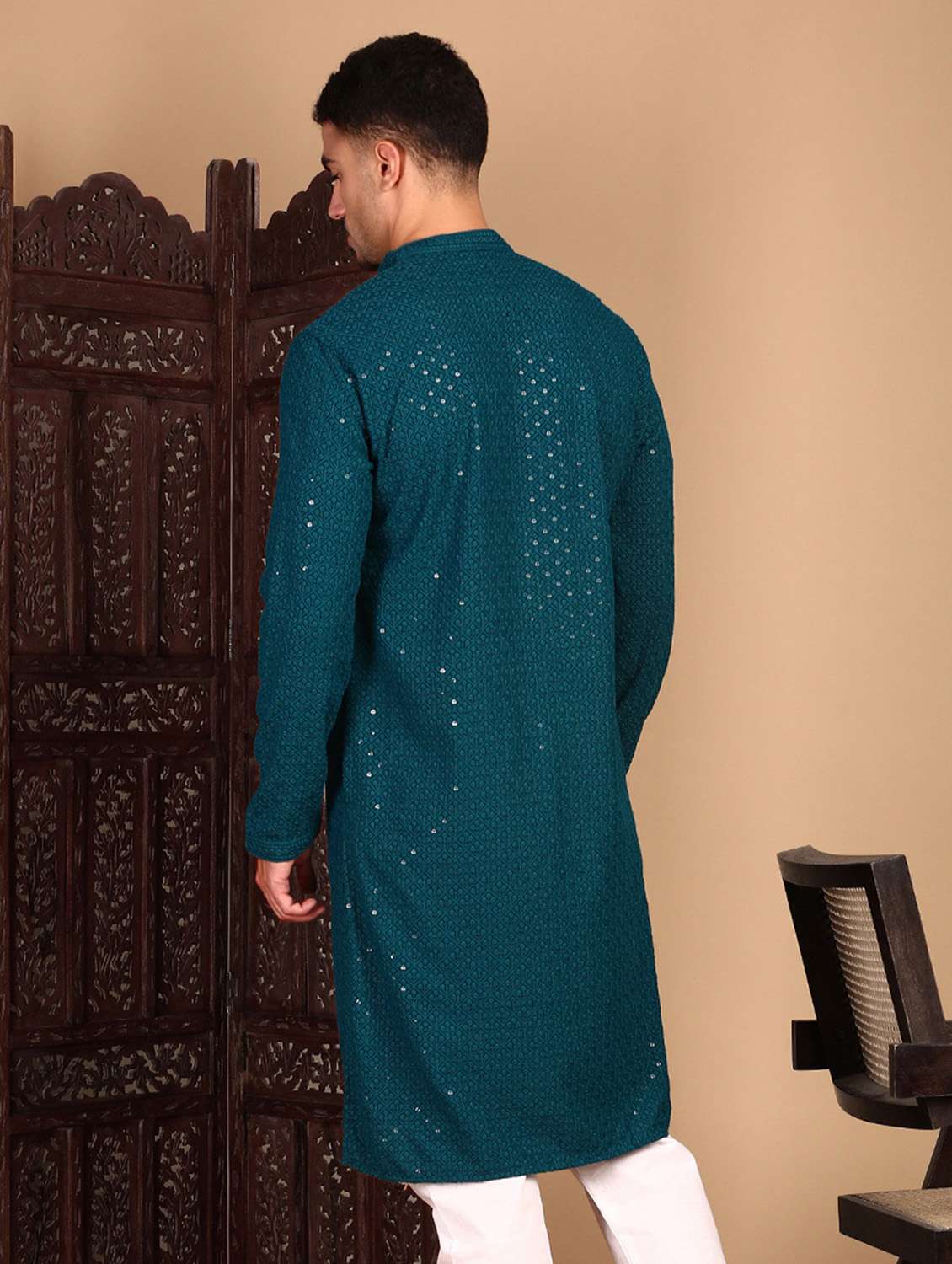 men solid with work mandarin neck long kurta - 22374576 -  Standard Image - 2
