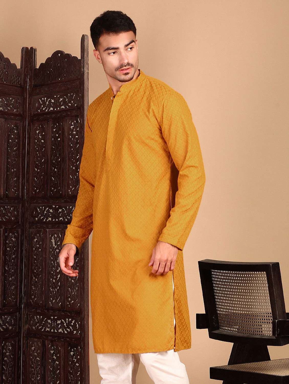 men solid with work mandarin neck long kurta - 22374585 -  Standard Image - 2
